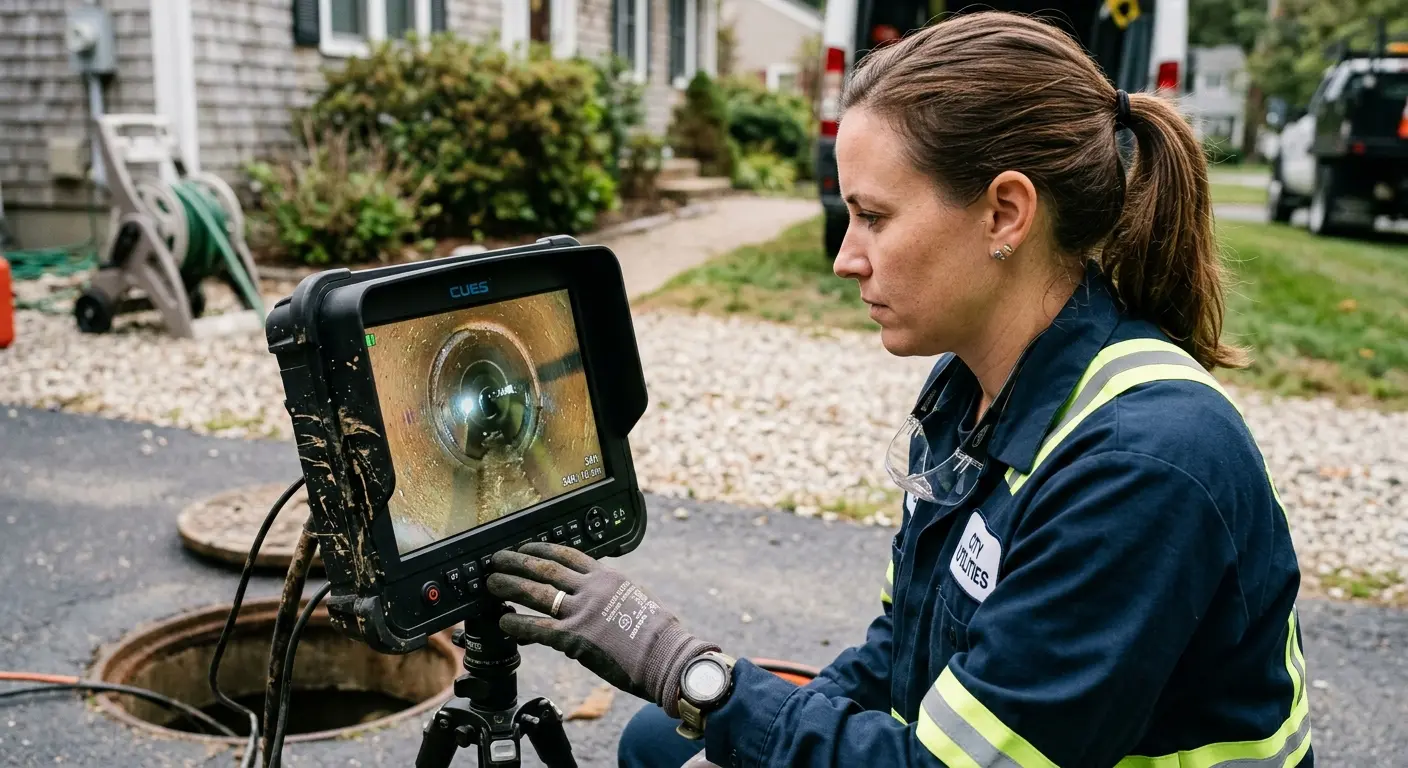 Technician reviewing sewer camera inspection footage in Anoka