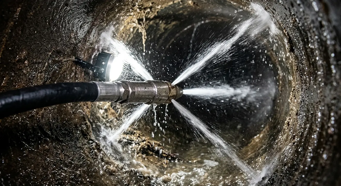 High-pressure hydro jetting nozzle cleaning sewer pipe for Sewer Cleanout in Anoka