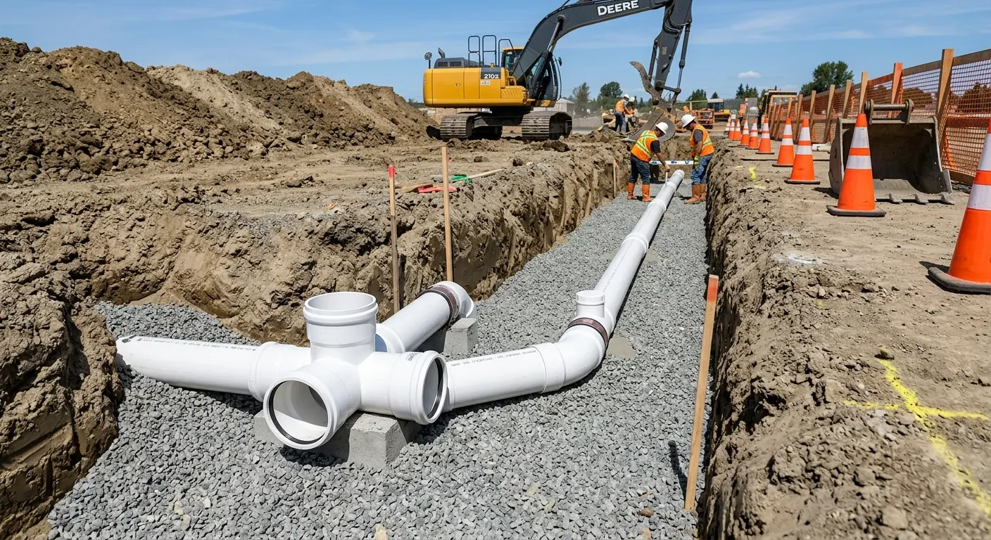 New PVC sewer pipe installation in open trench for Sewer Backup in Anoka