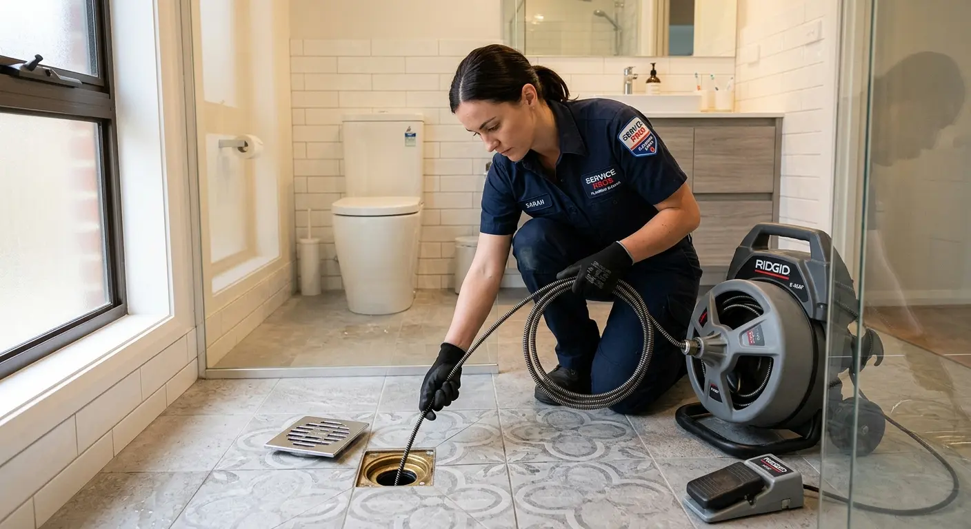 Technician clearing a bathroom floor drain for Drain Cleaning in Anoka